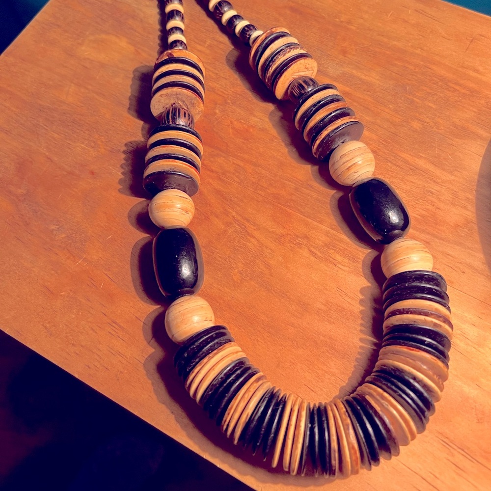 Bohemian Wooden Brown and Black Necklace 24 inches